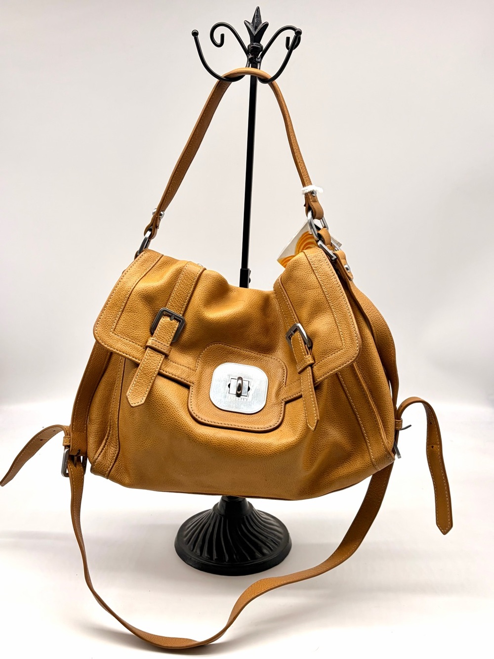 LONGCHAMP 2 Way Balzane Mustard Tan Leather Turn-Lock Shoulder Crossbody Bag Med